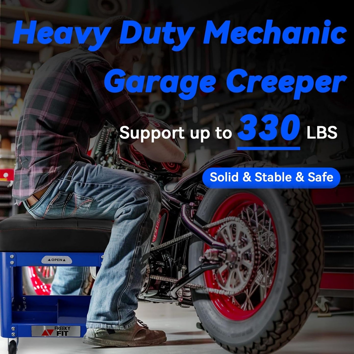 Rolling Creeper Garage Shop Seat for Men, Padded Mechanics Stool with Tool Tray Storage for Garage, Rolling Workshop Stool with Wheels, Auto Creeper Seat, 330 LBS Capacity, Heavy Duty, Blue