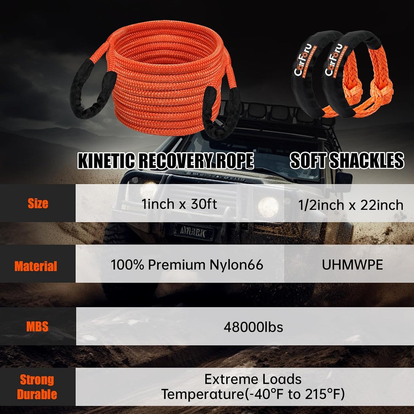 1" × 30ft Kinetic Recovery Tow Rope (48,000lbs), Heavy Duty Offroad Towing Straps Kit, Includes 2 Soft Shackles, Offroad Recovery Kit for UTV, ATV, Truck, Car, Jeep, Tractor (Orange)