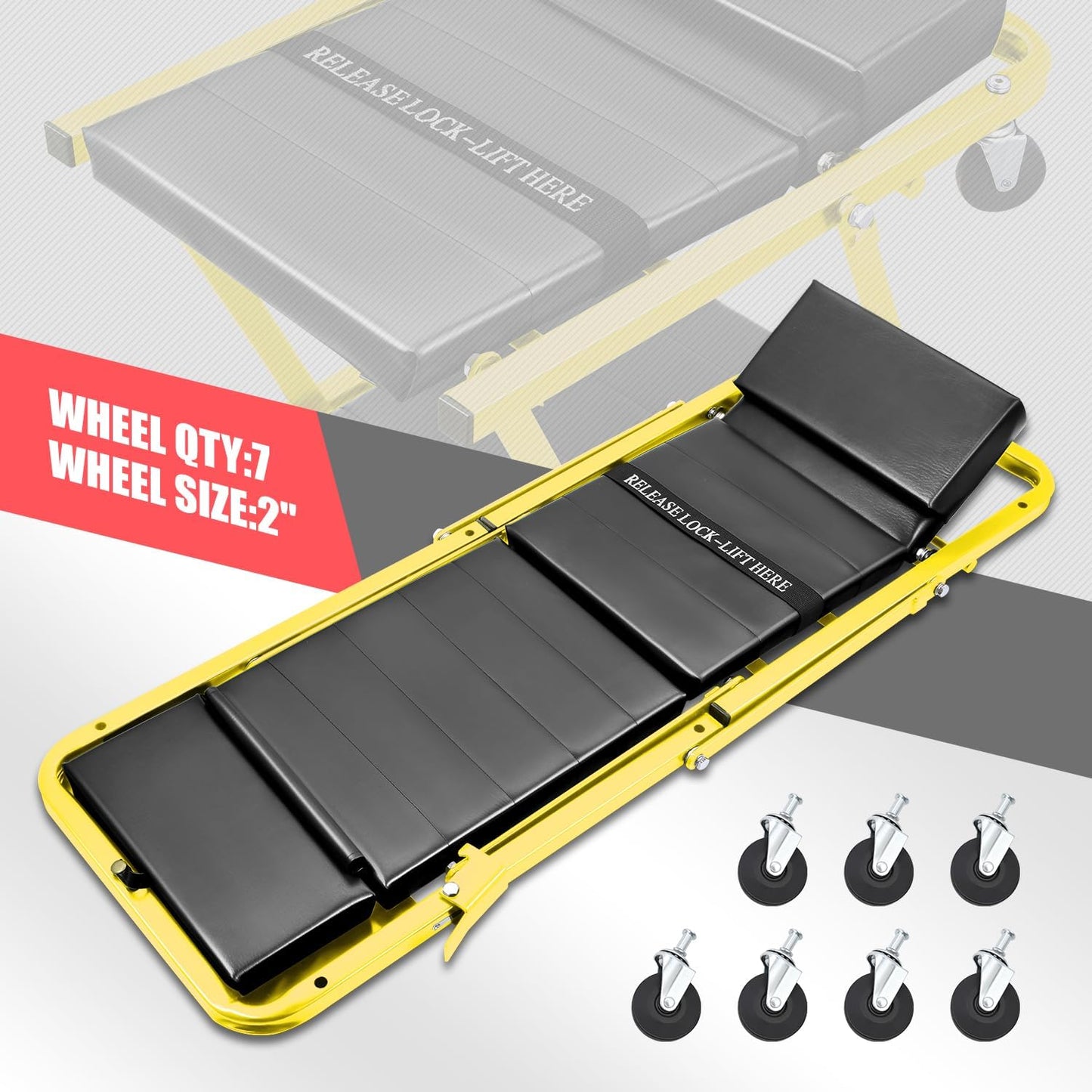 DNA MOTORING 48" 2 IN 1 Folding Rolling Garage Shop Creeper Roller Seat, 7 Pcs 2" Casters, 350 Lbs Weight Capacity, Yellow, TOOLS-00193-YL