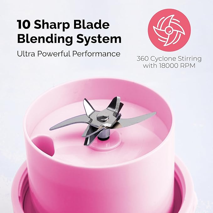 Personal Portable Blender For Shakes & Smoothies, Leakproof & Stylish Portable Mason Jar Shaker, Rechargeable Mini Blender with 10-Blade Blending System 14oz, Pink