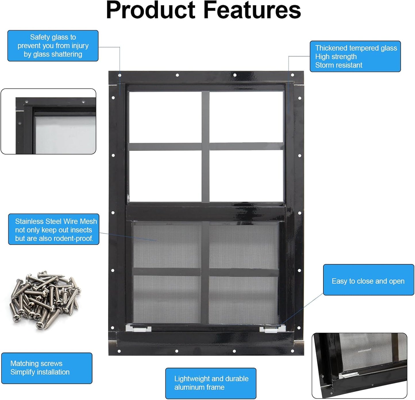 NeatiEase Upgraded Shed Windows 2 Pack, 18" x 23" Windows with Tempered Glass and Stainless Steel Screen for Shed, Chicken Coop, Playhouse, Household, Garage(Black)