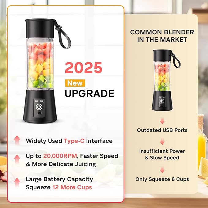 Portable Personal Size Mini Blender - 2025 Upgraded Cordless Blender for Smoothies & Shakes, Type-C Rechargeable, 380Ml Traveling BAP Free Juicer Cup for Sports/Travel/Home, 20000Rpm/Min Speed