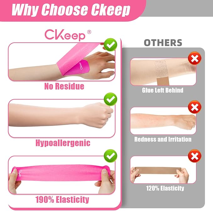 CKeep 4 Rolls Kinesiology Tape, Original Cotton Elastic Athletic Tape, 20 Precut 10" Strips Each, Pink, Ideal for Muscle Support & Injury Prevention
