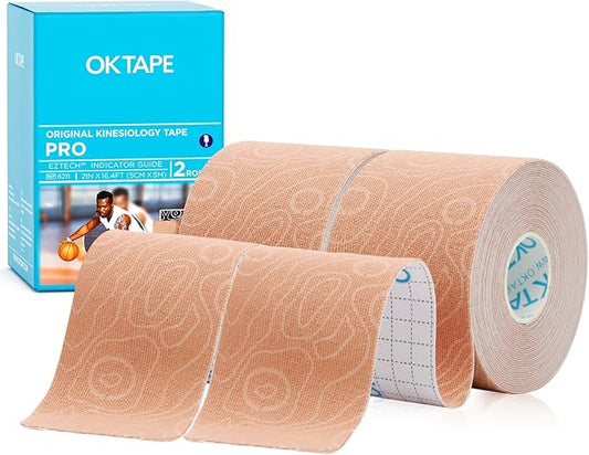 OK TAPE PRO Kinesiology Tape, 2inch x Long Roll 16ft Free Cut Tape, Elastic Athletic Tape Therapeutic Latex Free, 2 Rolls Beige+Beige