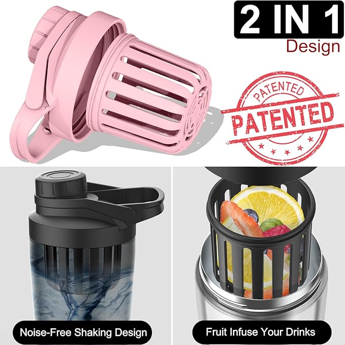 Stainless Steel Shaker Bottle with Noise-Free Design - Patented 24 oz Insulated Metal Shakers Bottles Cup for Protein Mixes and Pre Workout 100% Leak Proof (Pink)