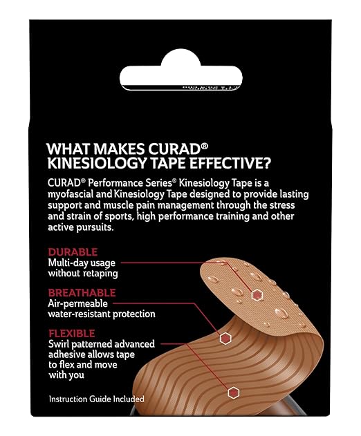 CURAD Performance Series IRONMAN Kinesiology Tape, Pain Management Technology, Sweat & Water-Resistant Athletic Tape, Compression Support for Joints & Muscles, Beige, 2 x 10 inches, 1 Roll (20 Strips)