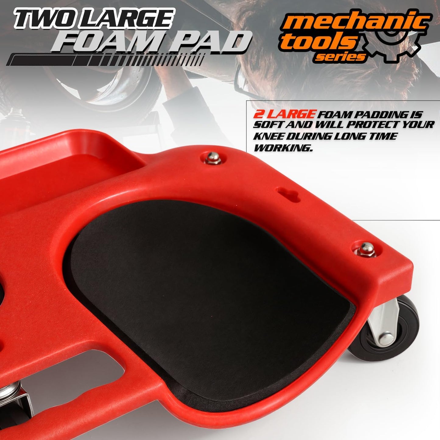 M-AUTO Rolling Knee Creeper Durable Knee Pads with Full 360 Degree Turn Casters and Tool Tray, Garage Kneeling Pads on Swivel Castors for Home Workshop Auto Repairing Maintaining, Red