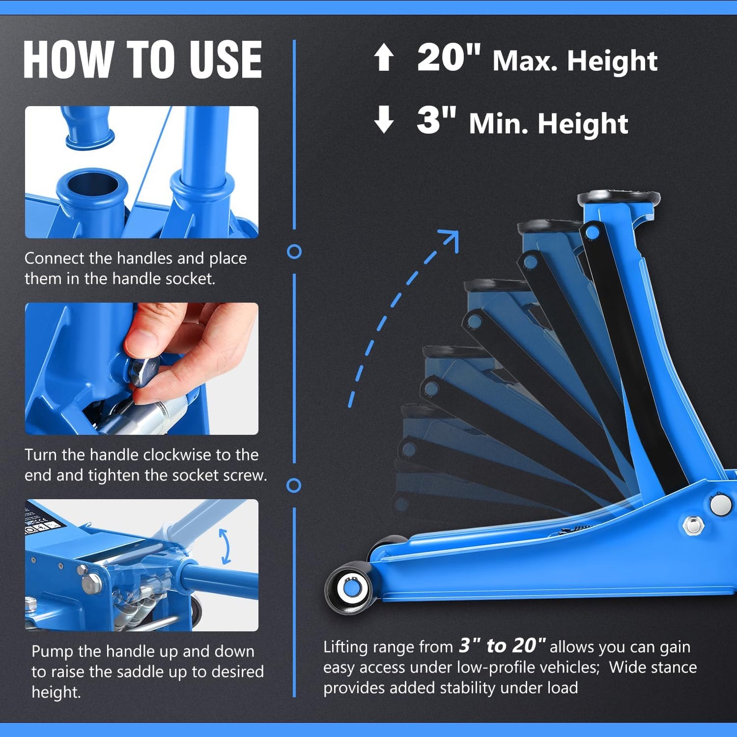 DNA MOTORING Low Profile Hydraulic Trolley Service/Floor Jack, 3 Ton (6000 lbs) Capacity, Lifting Range 3"-20", Blue, TOOLS-00475
