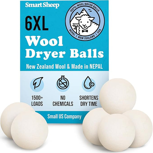 Smart Sheep Wool Dryer Balls - 6-Pack - XL Premium Natural Fabric Softener Award-Winning - Wool Balls Replaces Dryer Sheets - Wool Balls for Dryer - Laundry Balls for Dryer