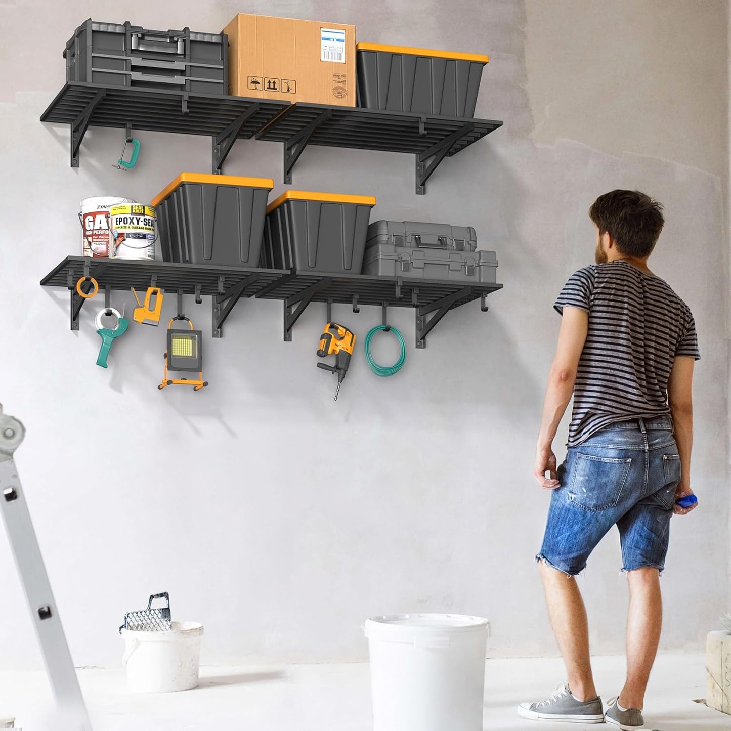 4-Pack 2x3ft Garage Shelving Wall Mounted, 2' x 3' Heavy Duty Garage Storage Shelves with Hooks, 800LB Capacity