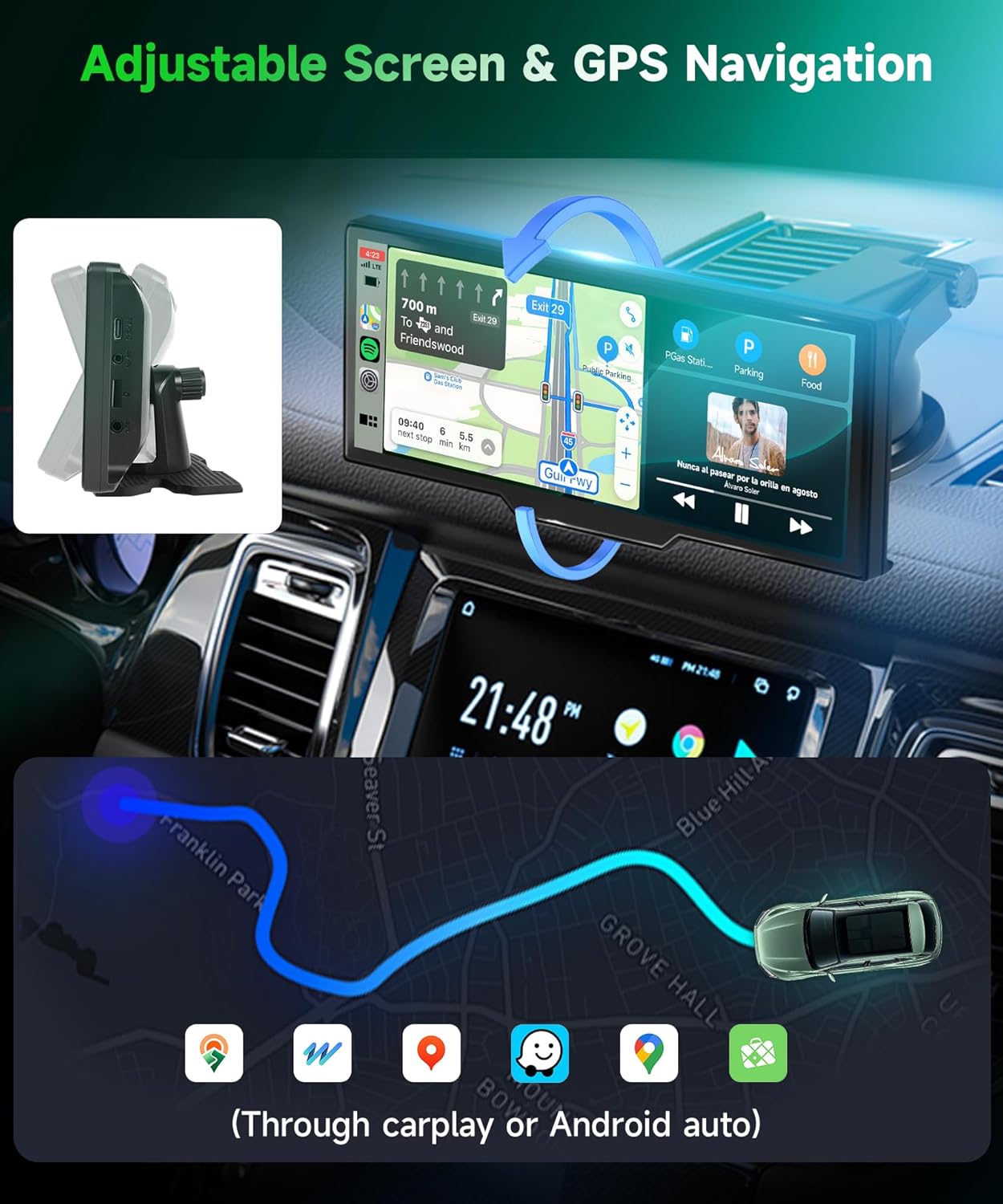 Carplay Screen for Car, 10.26 inch IPS Touch Screen Portable Wireless Car Stereo with Carplay Android Auto SuperLink OTA Bluetooth GPS Siri Aux, 7-32V for Trucks, SUVs, Cars, RVs
