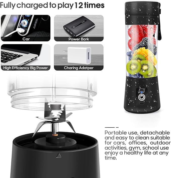 Portable Blender, MIAOKE Smoothie Blender, Personal Mini Juice Blender with Six Blades in 3D, USB Rchargeable Juicer Cup Home/Office/Outdoors (Black)