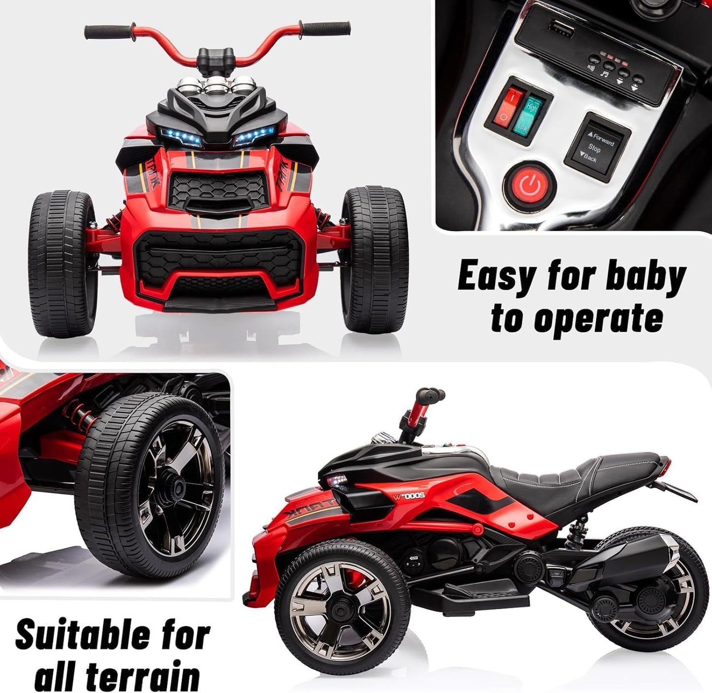 12V Kids Electric Ride-On Car with Parent Remote Control, 7MPH, 2 Speeds, 2x55W Motor, LED Lights, Music, USB & EVA Tires, 3 Wheel Battery Powered Toy Vehicle for Toddlers