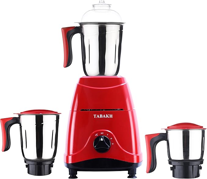 TABAKH Indian Mixer Grinder | 3 Stainless Steel Jars | 650 Watts | 110-Volts | Red