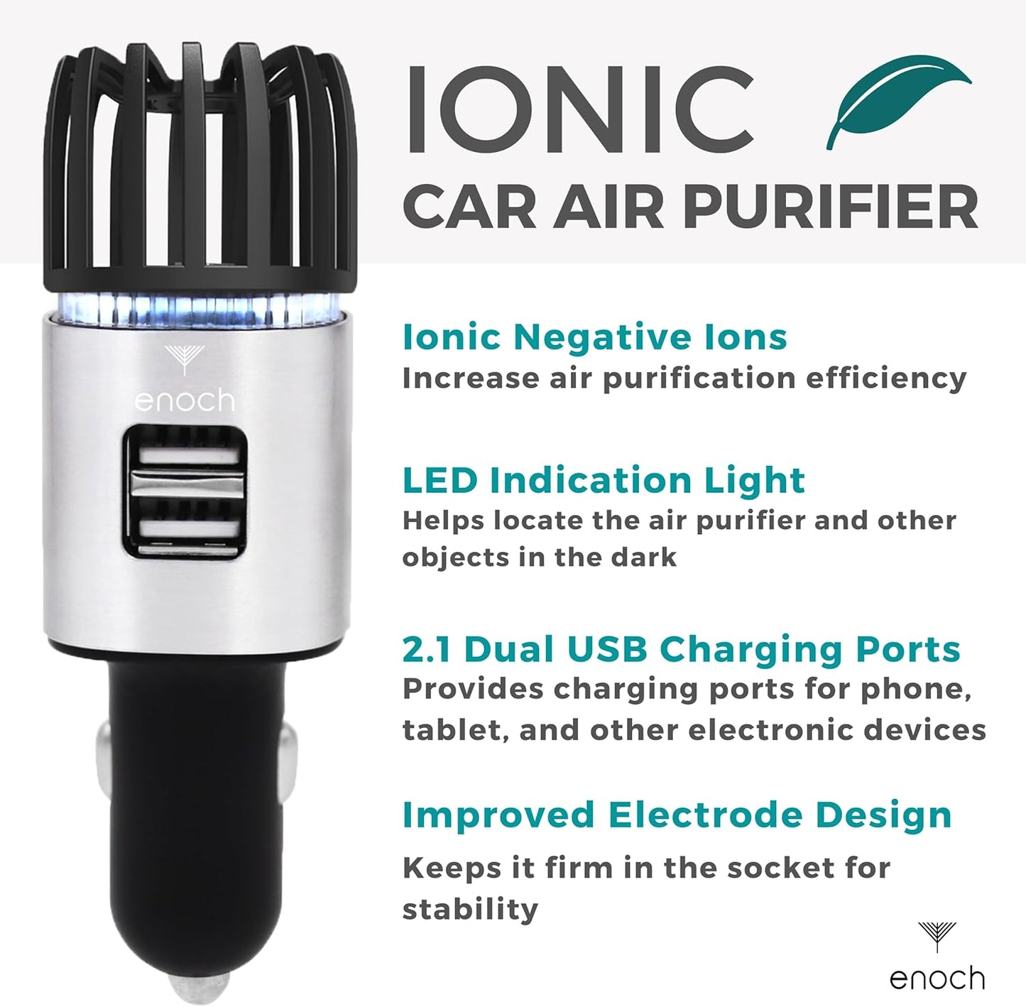 Enoch Car Air Purifier Premium Air Ionizer - 12V Plug-In Ionic Ozone Deodorizer Accessory with Dual USB Car Charger - Eliminates Cigarette Smoke, Pet and Food Odors, Dust (Gray Silver)