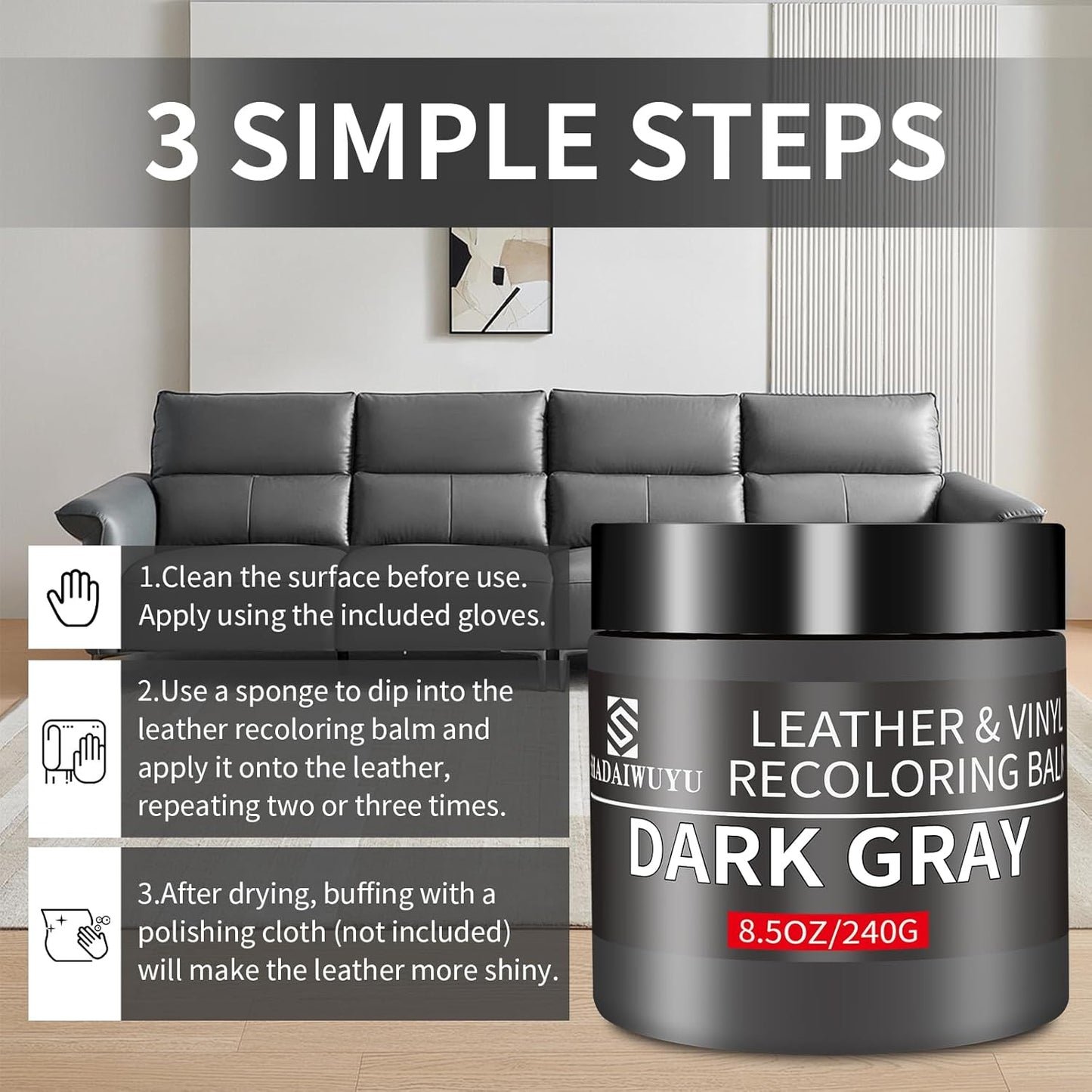 Leather Recoloring Balm,8.5oz Leather Color Restorer,Dark Gray Leather Repair kit for Furniture and Car Interior,Leather Couch Scratch Repair,Leather Dye Paint for Faded,Cracked and Damaged Leather