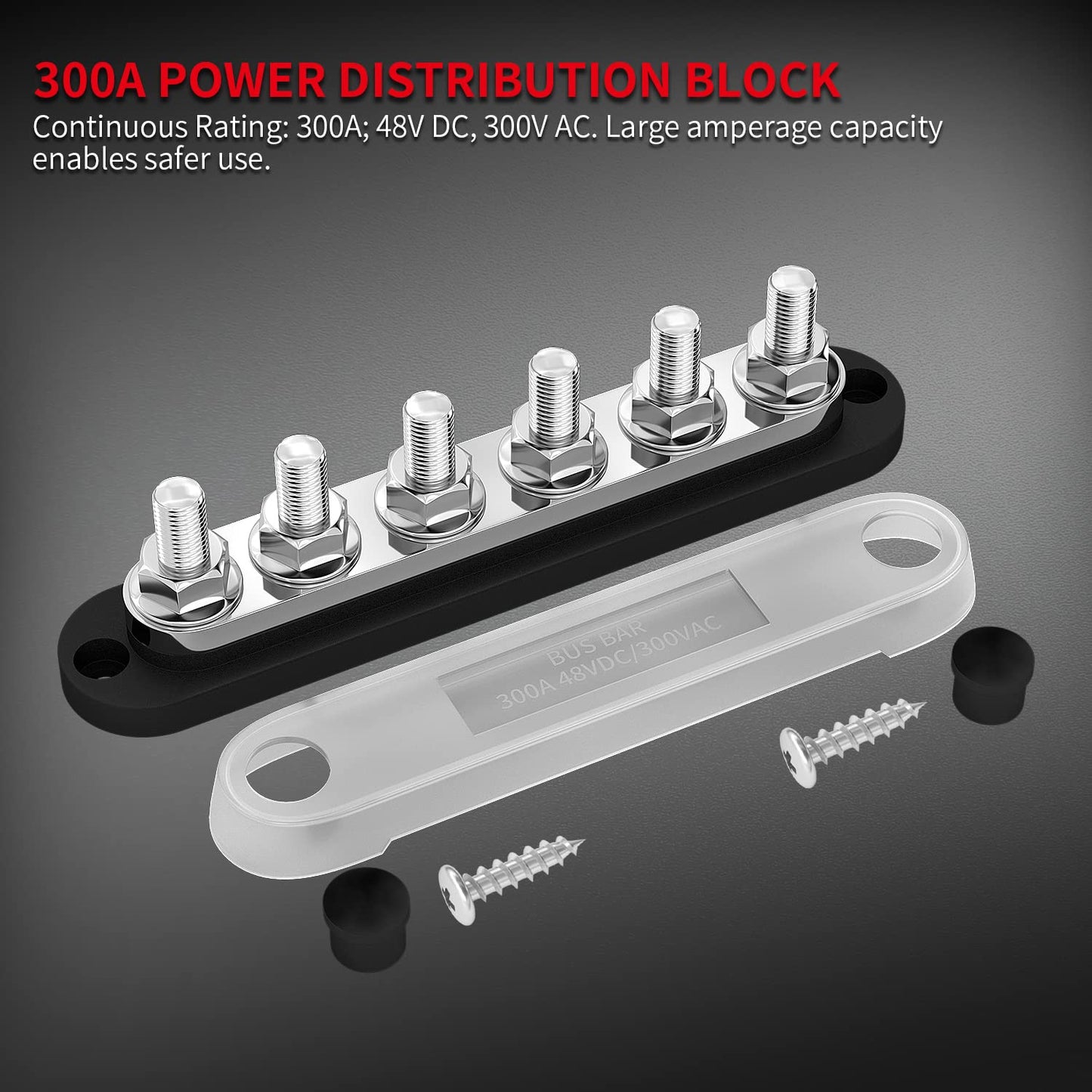 DaierTek 300A Bus Bar 12V Marine 12V Power Distribution Block with Cover 6 x 3/8" (M10) Terminal Studs Max 300V AC 48V DC Positive & Ground Busbar for Automotive Car Boat