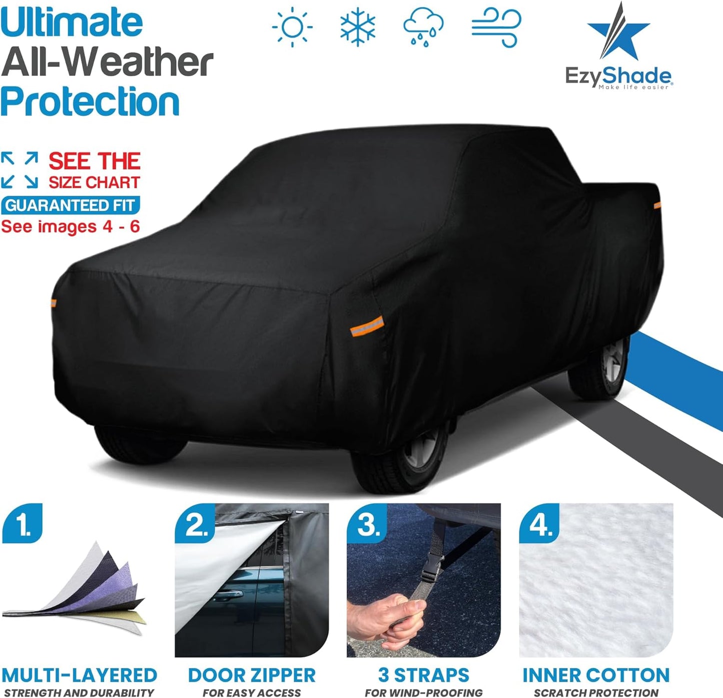EzyShade 10-Layer Truck Cover Waterproof All Weather. See Vehicle Size-Chart for Accurate Fit. Outdoor Pickup Truck Covers - Gladiator Dakota Frontier. Sun Snow Rain. Black, Size T2 (See SizeChart)