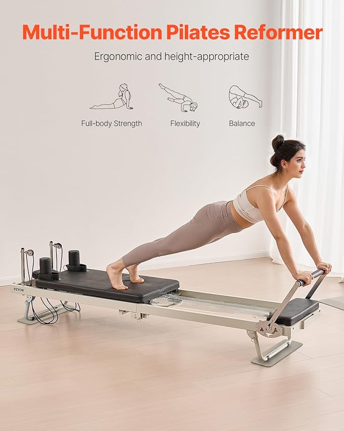 VEVOR Pilates Reformer Machine, Pilates Workout Equipment for Home Gym Studio Use, Pilates Bed with Dual Resistance- Spring & Cord, Reformer Set, Up to 400 LBS