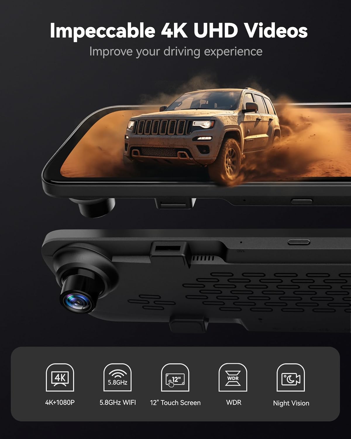 WOLFBOX G840S 12" 4K Mirror Dash Cam Backup Camera, 5.8GHz WiFi Smart Rearview Mirror for Cars & Trucks, Front and Rear View Dual Cameras, Night Vision, Parking Assistance, Included 32GB Card & GPS