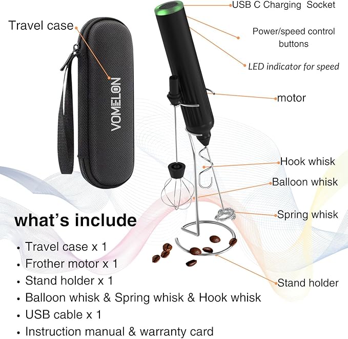 Milk Frother Handheld,3-Speed Rechargeable Coffee Foamer Drink Whisk with 3 Stainless Steel Heads Electric USB C Whisk for Coffee, Latte, Cappuccino, Hot Chocolate, Protein,Egg light Black