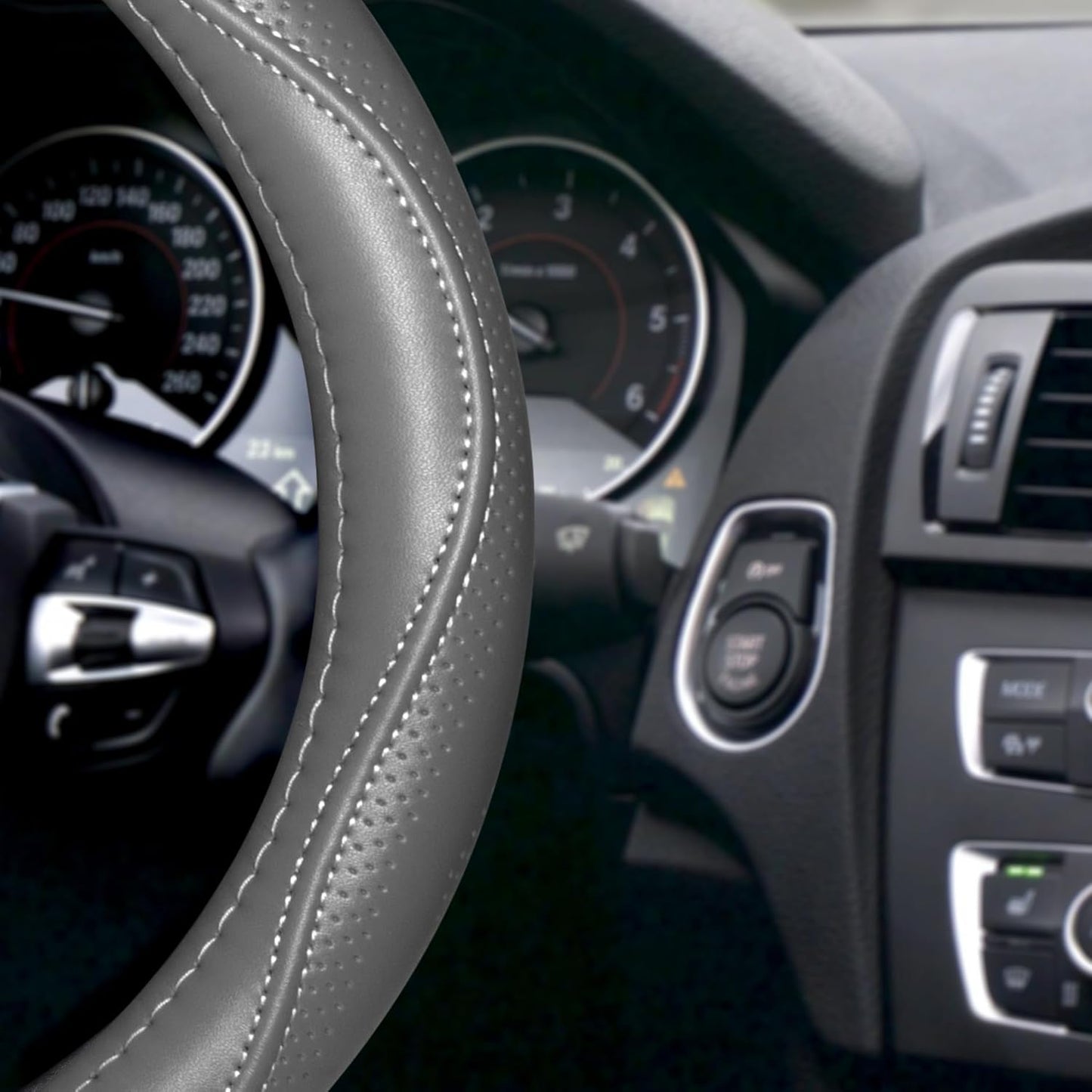 HAOKAY Top Grade Gray Genuine Leather Steering Wheel Cover Men Women, Luxury Steering Wheel Cover for Cars, SUVS and Trucks, Universal 14.5-15 inch