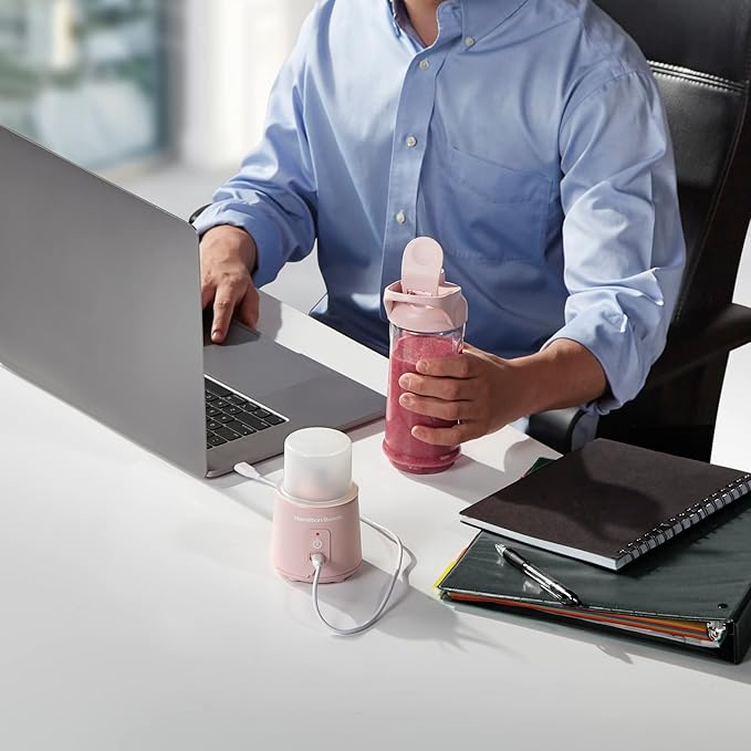 Hamilton Beach Mini Cordless Portable Personal Blender for Shakes and Smoothies, USB Rechargeable, 16 oz. Jar with Leakproof Travel Lid, 6 Stainless Steel Blades, Pink (51181)