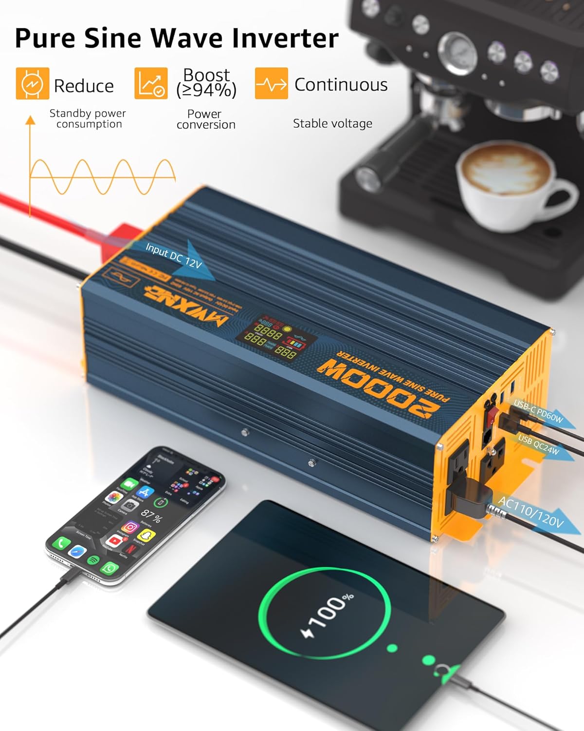 2000W Pure Sine Wave Power Inverter DC 12V to 110V 120V AC with 4 Quick Charging USB Ports& 3 AC Outlets Power Inverters for Vehicles RV Truck Home with LCD Display and Remote Controller