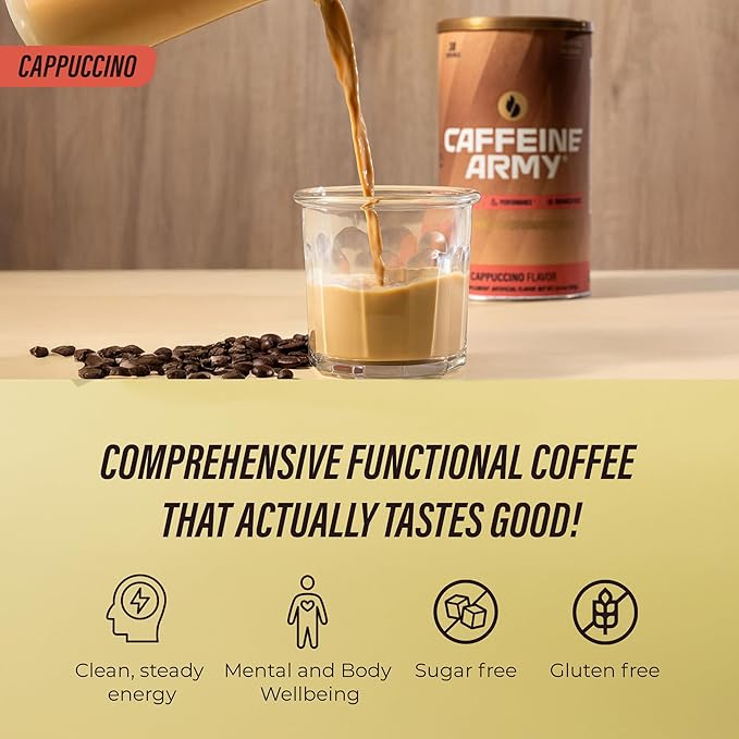 CAFFEINE ARMY Cappuccino| Comprehensive Functional Coffee with MCTs, CoQ10, Collagen and Adaptogens: Clean Energy + Supports Daily Attention, No Jitters or Crash (7.8 oz 22 Servings)