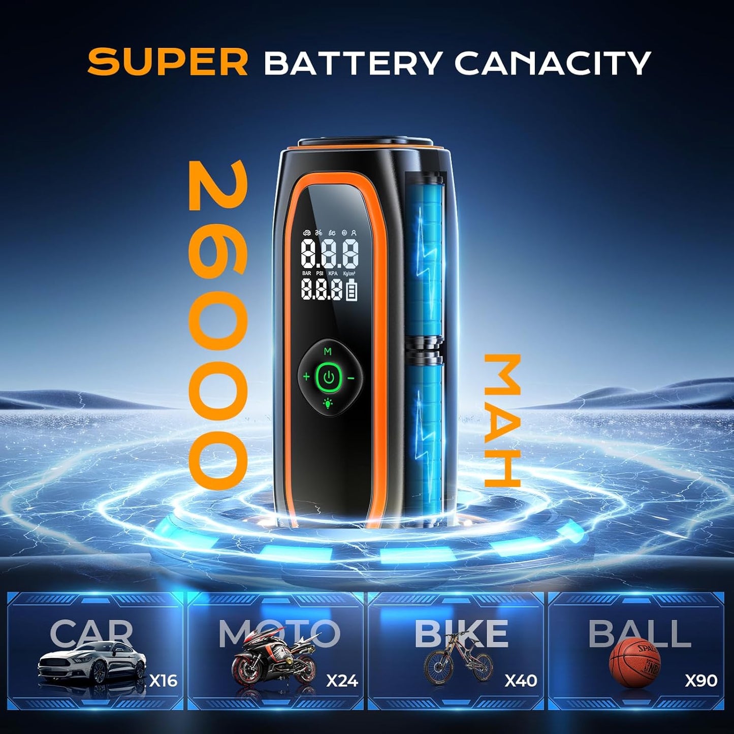 Tire Inflator Portable Air Compressor, 220PSI Air Pump for Car Tires with 26000mAh Battery, One Click Smart Air Pump Tire Inflator for Car, Motorcycle, Bicycle and More with Tire Pressure Gauge