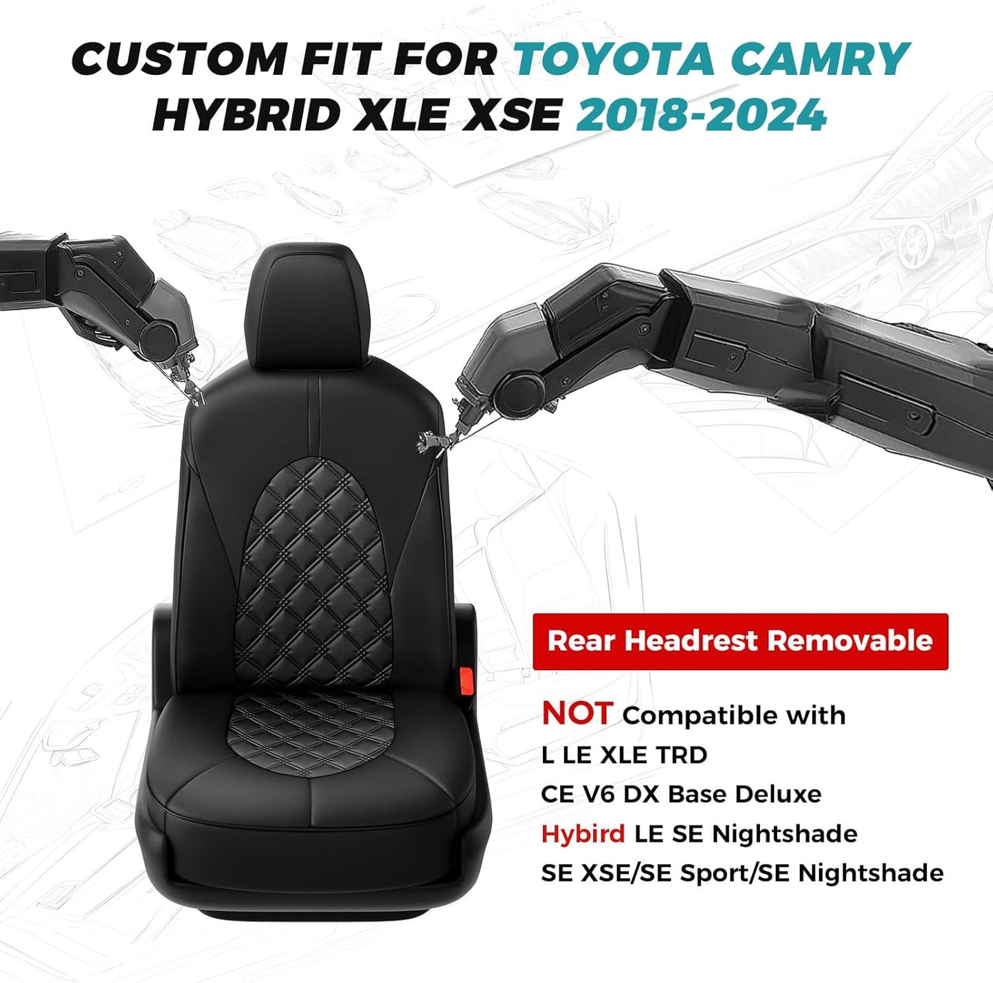 for Toyota Camry Seat Covers Hybrid XLE XSE 2018 2019 2020 2021 2022 2023 2024 - Custom Car Seat Cover Full Set, Waterproof Breathable Cushion Protector, Leather Seat Cover for Cars Black