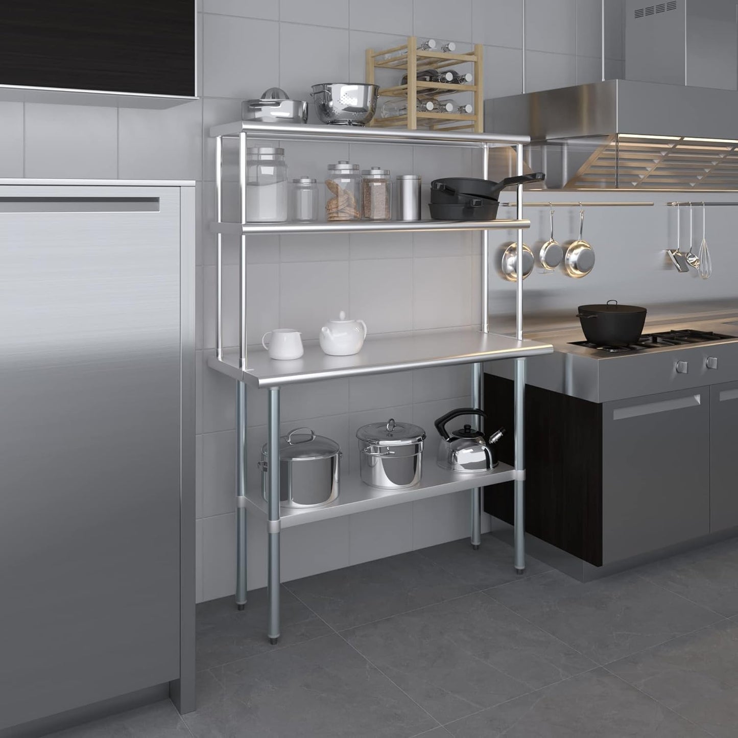 Amgood Stainless Steel Work Table Double Tier Overshelf 18" x 48" Work Table + 12" Overshelf