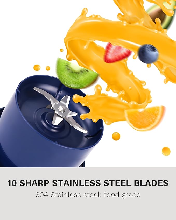 Portable Blender, Personal Size Blender with 10 Ultra Sharp Blades, USB Rechargeable Type-C, suitable for travel, picnic, office, and gym.