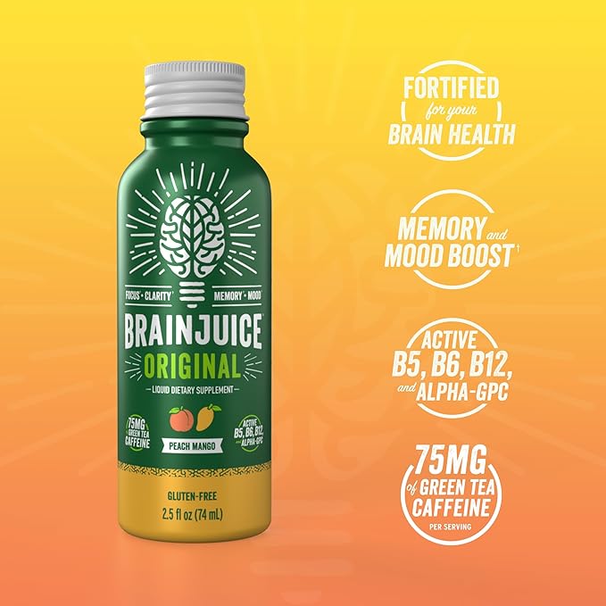 BrainJuice Focus & Energy Drink Shots, Nootropics with Alpha GPC, B Vitamins & Organic Green Tea Caffeine, Supports Focus, Memory & Clarity, Non-GMO, Gluten Free, Peach Mango, 2.5 fl oz, 12 Pack