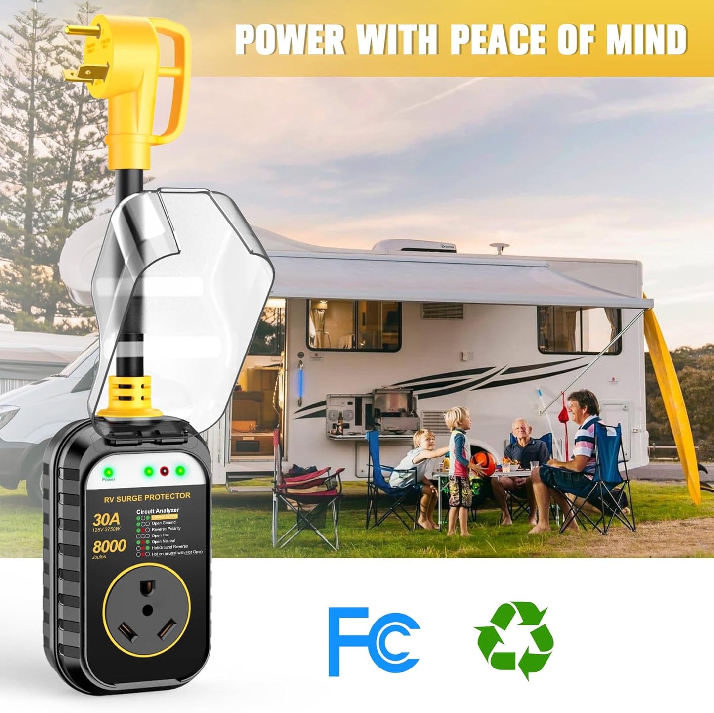 GEARGO RV Surge Protectors 30 Amp RV Circuit Analyzer, [2025 New Upgraded], IP68 Surge Voltage Protection, RV Adapter Plug for Camper(Yellow)