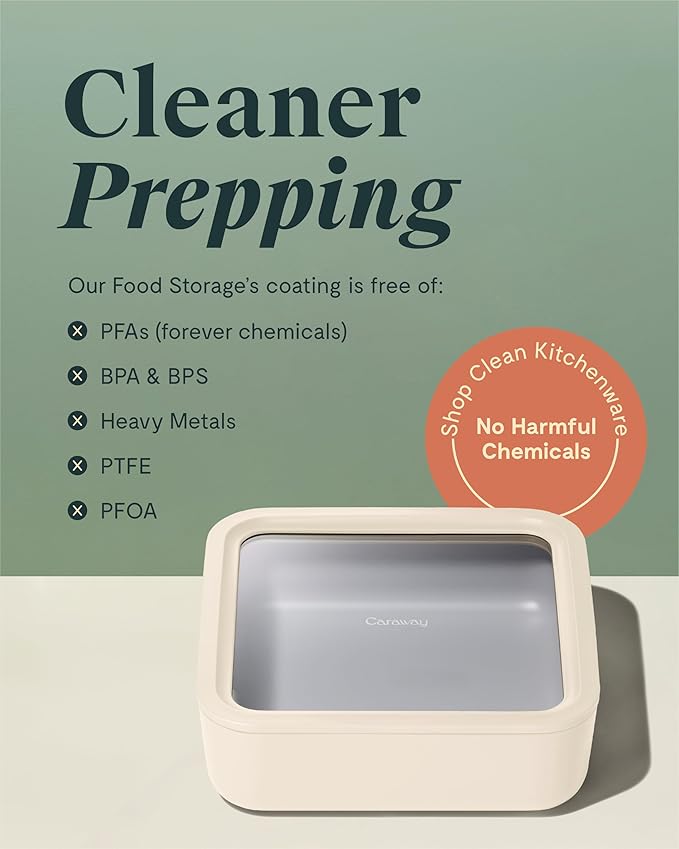 Caraway Glass Food Storage, 10 Cup Glass Container,Ceramic Coated Food Container,Easy to Store, Non Toxic, Non Stick Lunch Box Container with Glass Lids. Dishwasher, Oven,Square Shape,Navy