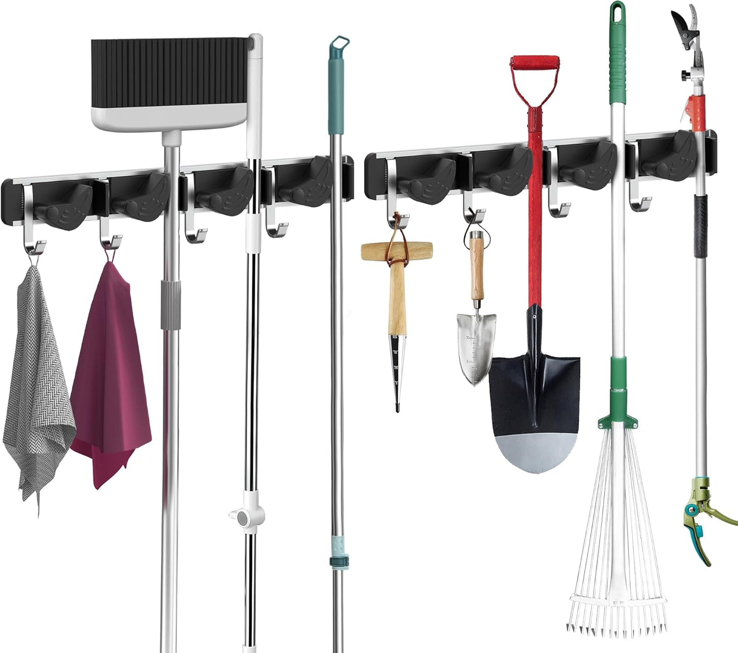 2-Pack Metal Mop Broom Holder Wall Mount - 4 Slot Tool Organizer with Rubber Grips for Kitchen, Garden, and Home Storage