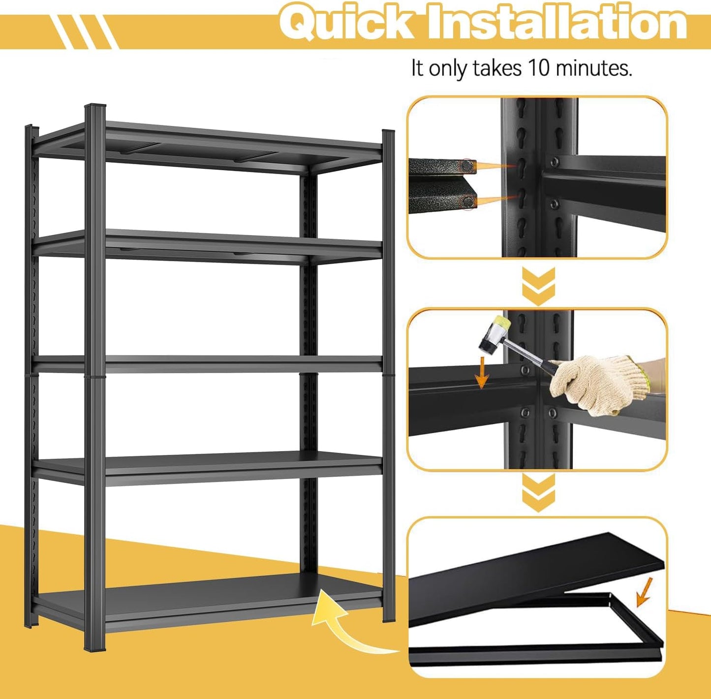 72" H Metal Garage Shelving Unit 3500LBS Metal Storage Shelves 5 Tier Adjustable Shelving Unit Garage Shelves for Kitchen Warehouse Pantry Basement, 71.2" H x 39.4" W x 13.8" D, Black