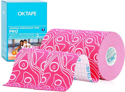 OK TAPE PRO Kinesiology Tape, 2inch x Long Roll 16ft Free Cut Tape, Elastic Athletic Tape Therapeutic Latex Free, 2 Rolls Pink+White