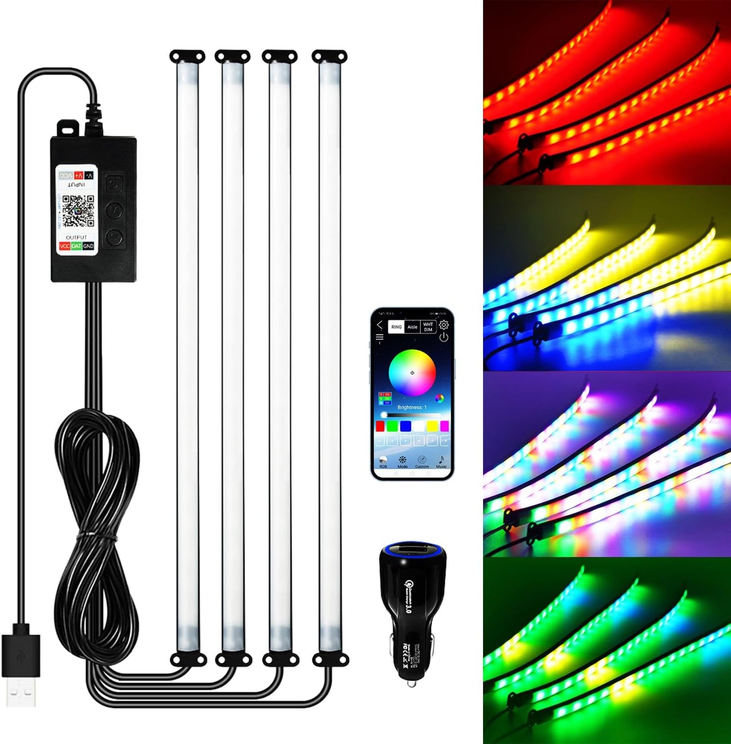 Car Led Interior Light Strip 72LEDs Under Dash Foot Well PVC Housing RGB DIY 210 Modes Static/Chase/Gradient/Strobe, Music Sync, Timer App Switch Control, USB 5V DC 12V, No Remote