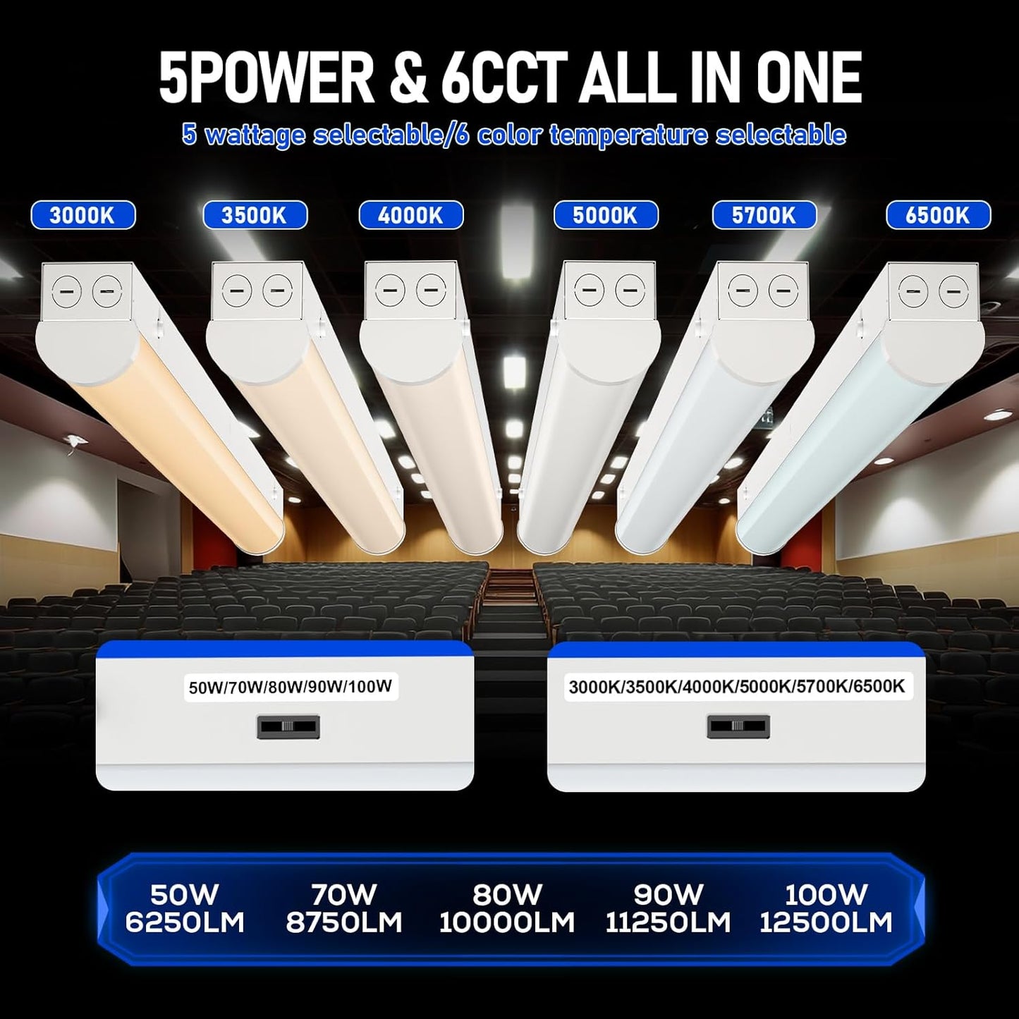 8FT LED Linear Strip Light, Super Bright 8 Foot LED Shop Lights 100W 90W 80W 70W 50W/6CCT 3000K-6500K Selectable, Flush Mount or Hanging 0-10V Dimmable Commercial Garage Ceiling Light, ETL DLC(4 Pcs)