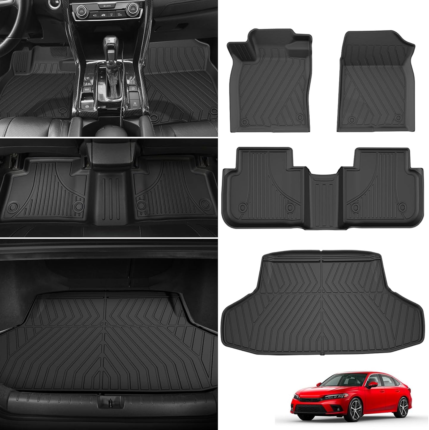 Fit for 2025 2024 2023 2022 Honda Civic Sedan Si Floor Mats & Cargo Liner: All Weather Protection TPE Car Floor Liners with Trunk Mat - 1st & 2nd Row & Cargo Car Mat Full Set Black (Not for Hatchback)