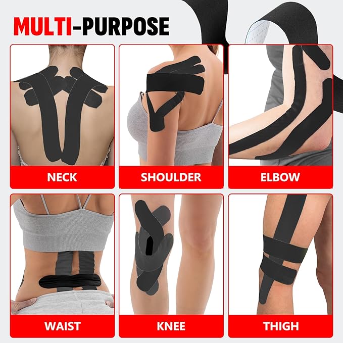 60PCS Precut Kinesiology Tape Strips, 2 inch x 10 inch Athletic Tape, Kinetic Tape, Elastic Muscle Tape, Sports Tape, Knee Tape for Exercise and Daily Use - Black