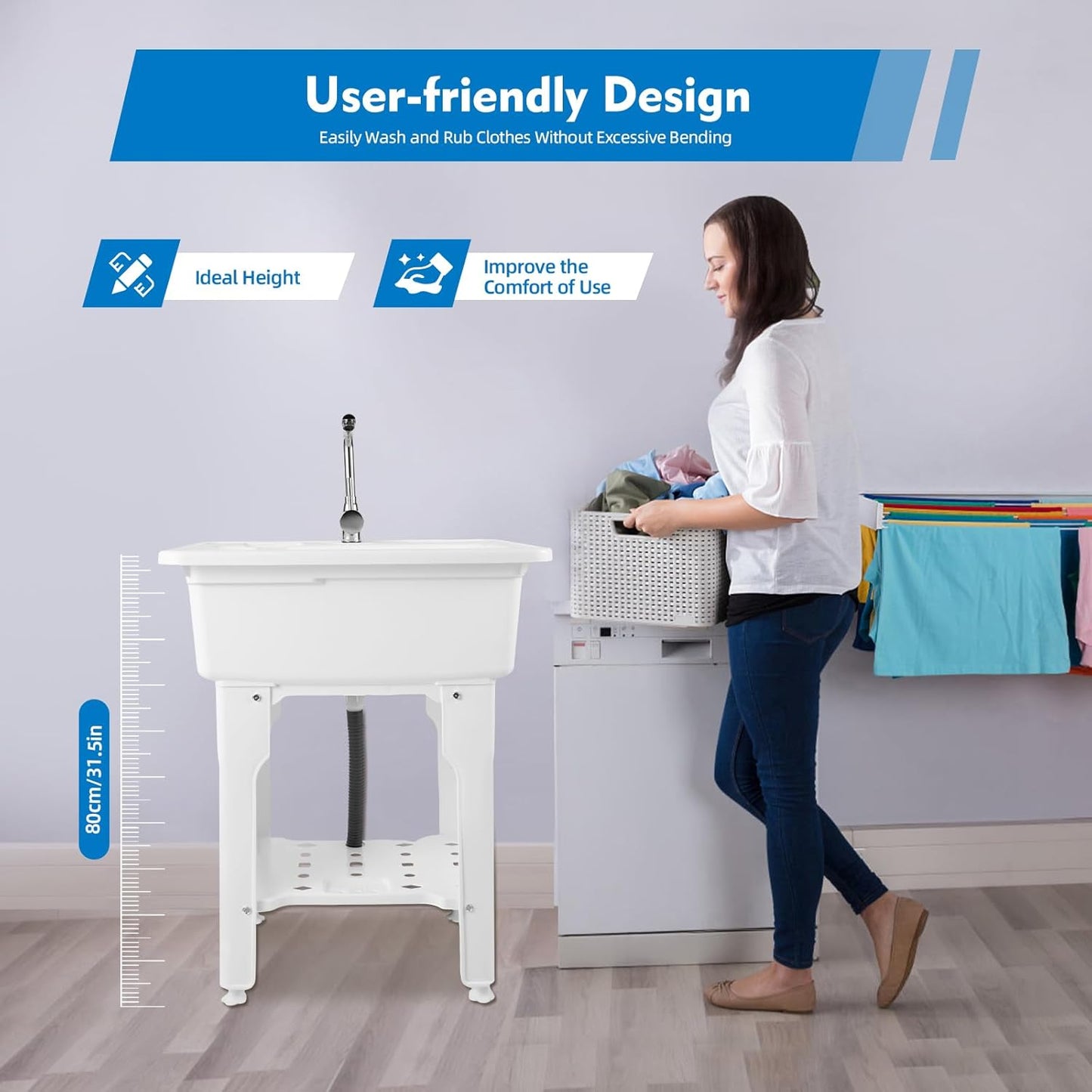 Freestanding Utility Sink Plastic Laundry Sink Spacious Laundry Tub Sink with Storage Shelf Indoor Outdoor Slop Sink Wash Station for Bathroom Laundry Washing Room (White, 25.6*21.65*31.5in)