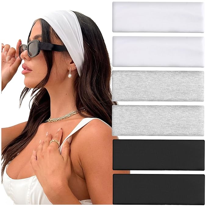 IVARYSS Workout Headbands for Women Non Slip, Premium Stretchy Soft Fabric Head Bands for Women's Hair, Wear for Yoga, Running, Sport, 6 Pack, Black White Grey
