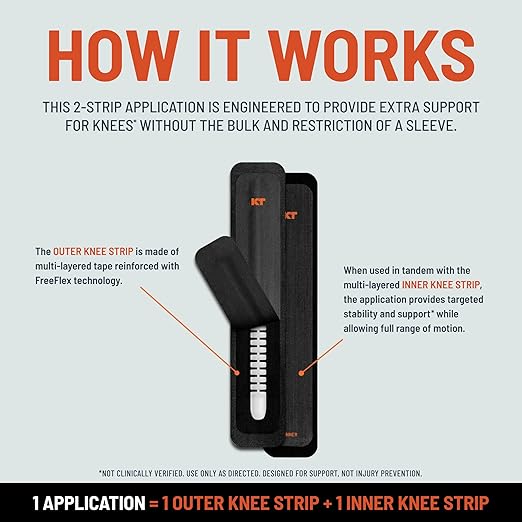 KT Tape, KT Flex Reinforced Adhesive Strips – 8 Pack, 10 in. Precut Strips in Black – Effective Support for Weak or Injured Knees, 2-Strip Application, Breathable, and Comfortable for Up to 3 Days