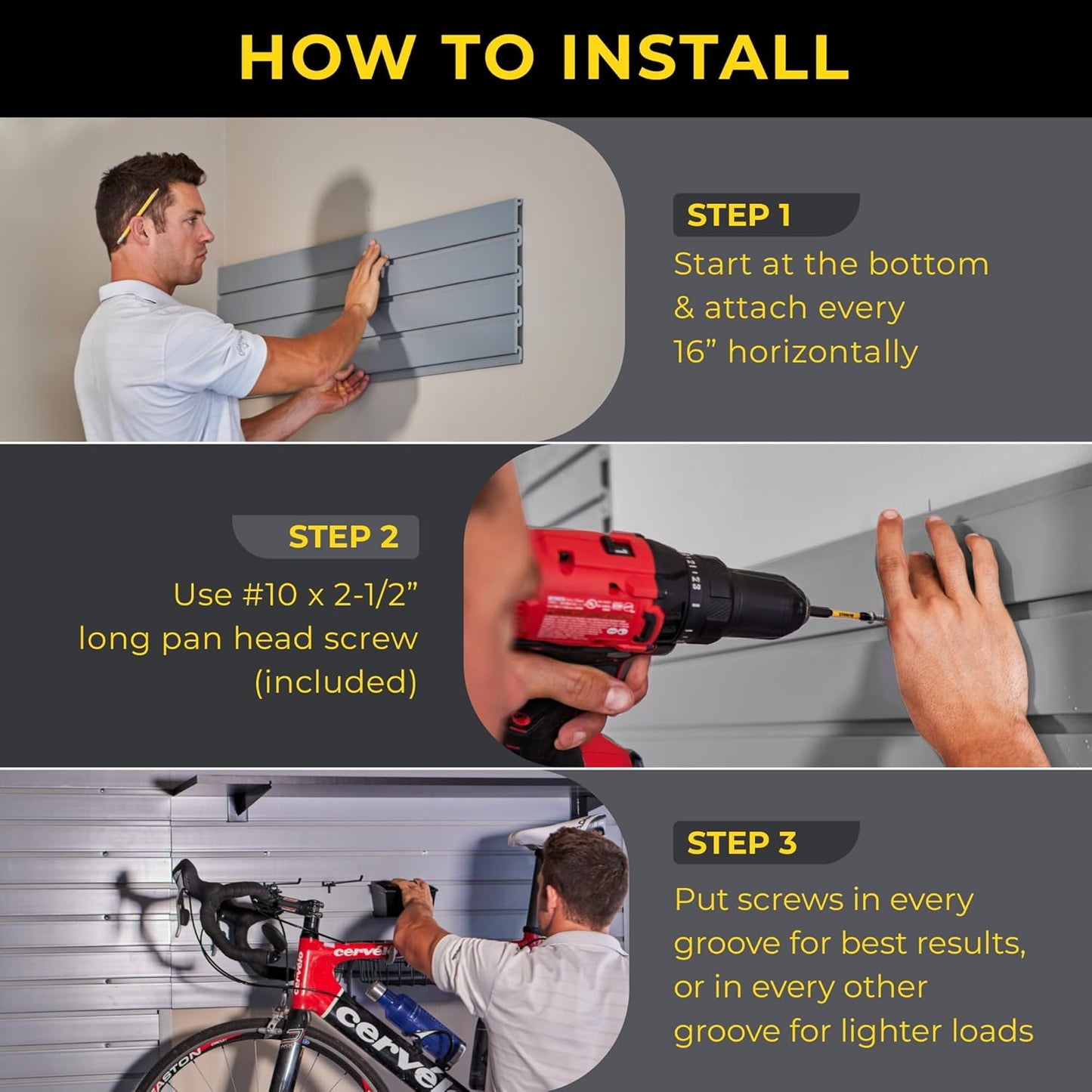 Slatwall Panel Garage Wall Organizer: Heavy Duty Wall Mounted PVC Wall Rack, Interlocking Slat Wall Paneling for Garage Wall Storage, Slatwall Board, Slatwall Shelves System -Black (3’H x 4’W)