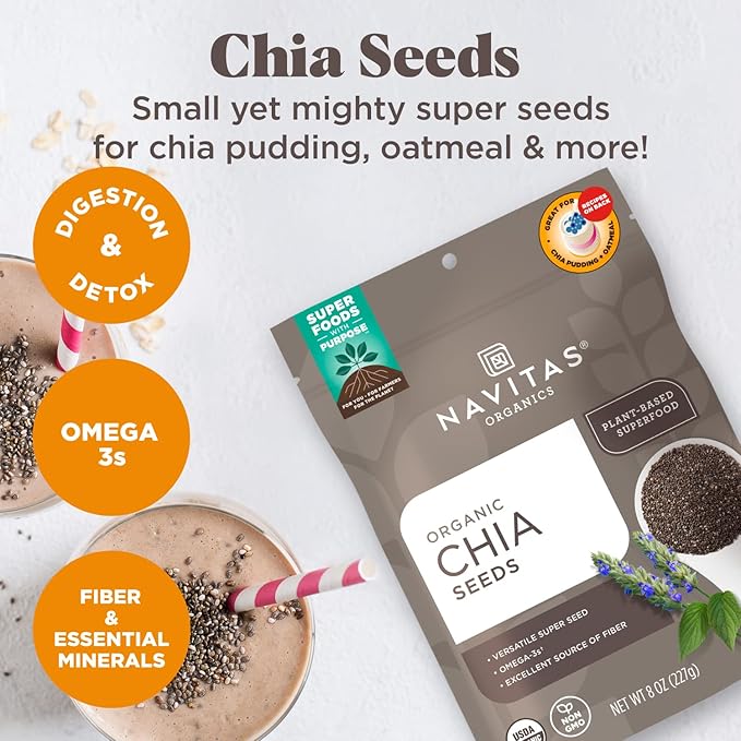 Navitas Organics Chia Seeds – For Chia Pudding, Smoothies, Baking, Salads & More – Omega 3, Fiber, Minerals - USDA Organic, Non GMO, Kosher, Gluten Free, Keto (16oz. Bag, 15 Servings)