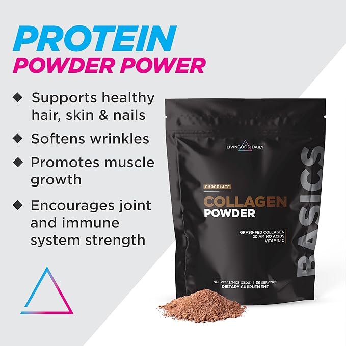 Livingood Daily Chocolate Collagen Powder for Women & Men, Hydrolyzed Collagen Peptides Powder with Vitamin C, Protein with 20 Amino Acids, Type I & III, Grass Fed, Keto, Paleo, Gluten Free, 30 Srvgs