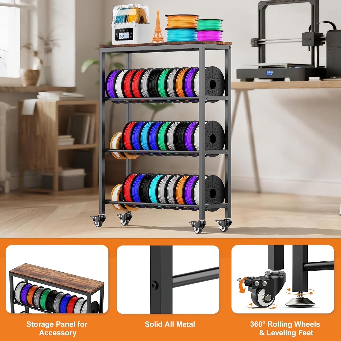 3D Printer Filament Rack Shelf, 4-Tier Filament Storage Cart with Storage Board, Metal Racks for Storage PLA/TPU/ASA/Nylon Filament, 3D Printer Accessories for Workshop Garage 3D Office Storage